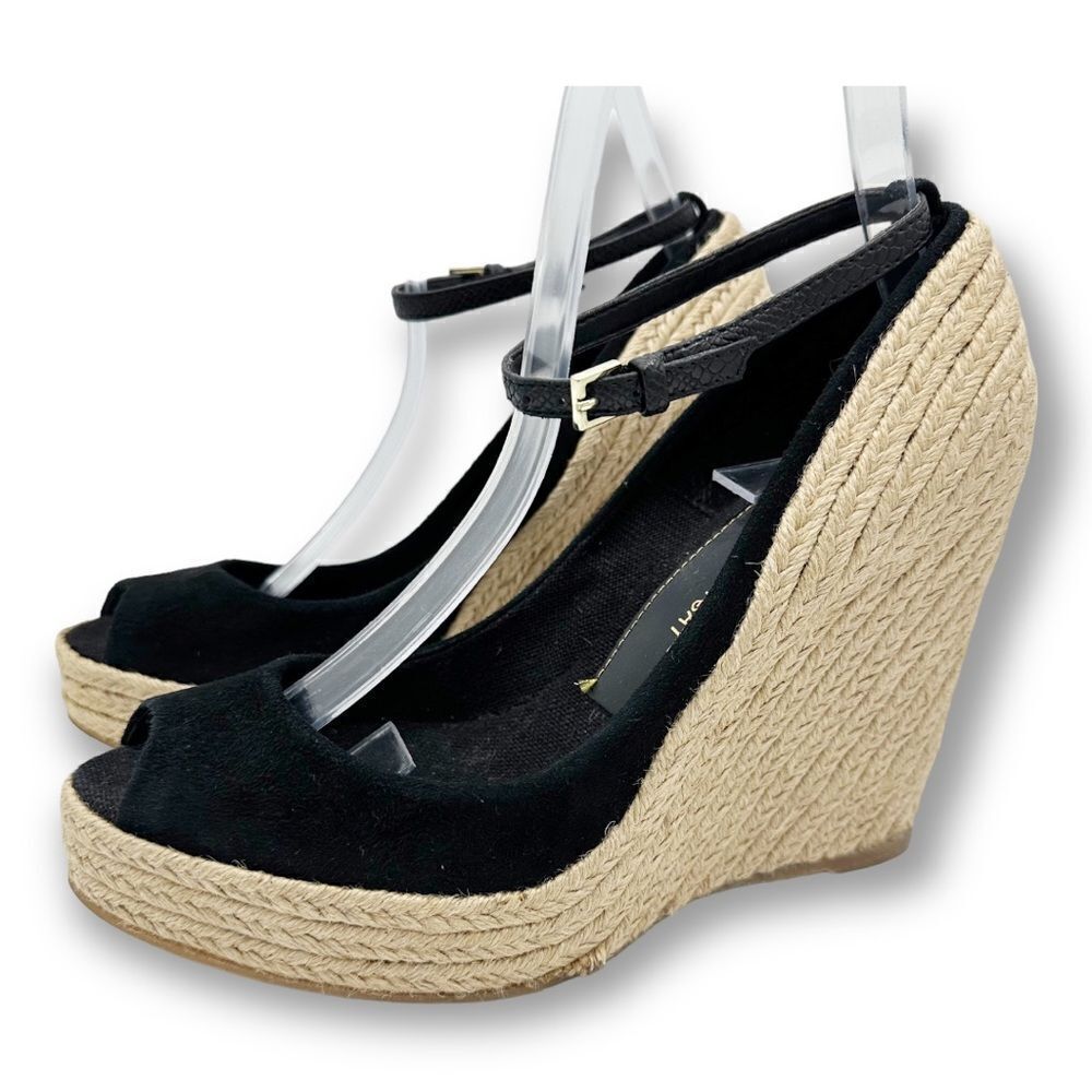 JEAN-MICHEL CAZABAT Black Suede Peep-Toe Espadrille Wedges Sz 37.5 ‎ US 7